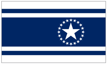 Flag design with blue and white horizontal stripes and white star with smaller stars encircling it.